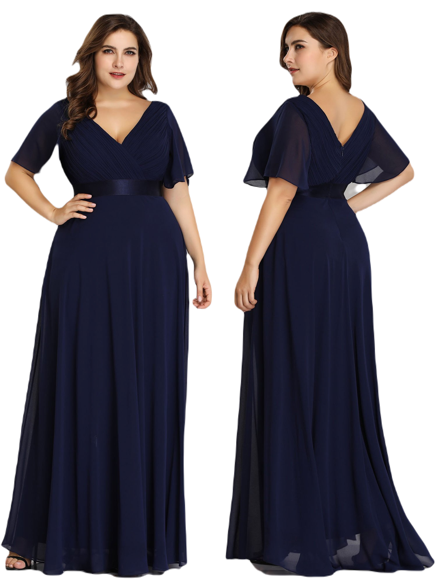 Vestido Elegante de Fiesta Largo Azul Marino para Mujer Manga Ancha Cuello V T Ch a Talla Extra	