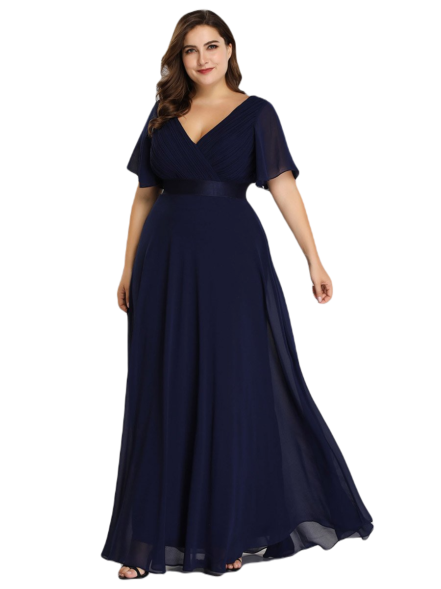 Vestido Elegante de Fiesta Largo Azul Marino para Mujer Manga Ancha Cuello V T Ch a Talla Extra	