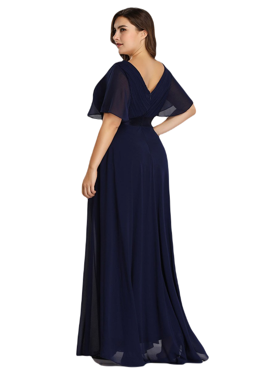 Vestido Elegante de Fiesta Largo Azul Marino para Mujer Manga Ancha Cuello V T Ch a Talla Extra	