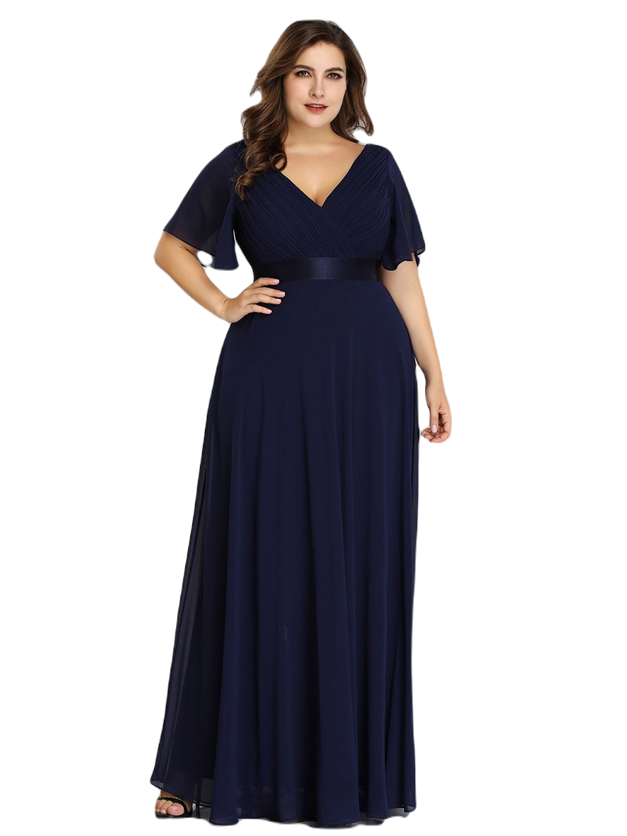 Vestido Elegante de Fiesta Largo Azul Marino para Mujer Manga Ancha Cuello V T Ch a Talla Extra	