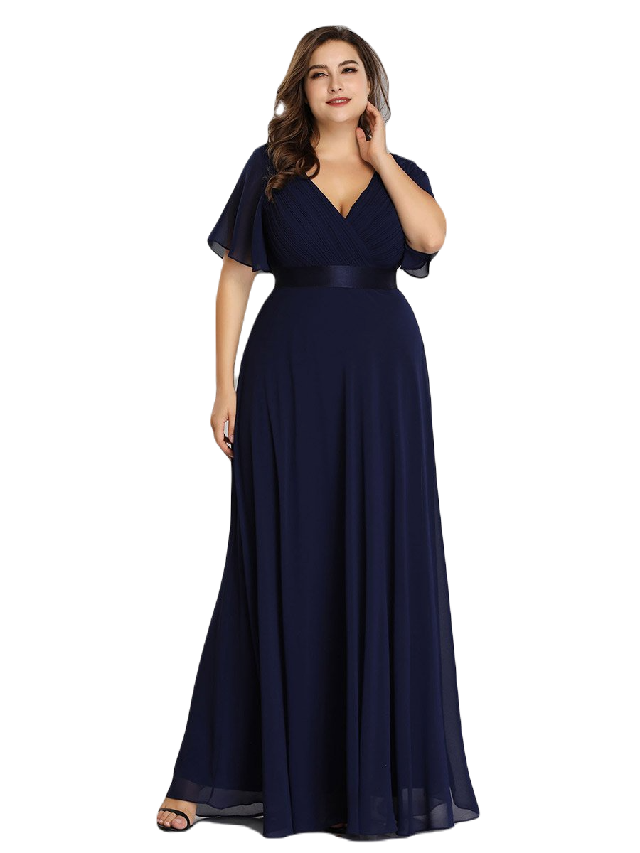 Vestido Elegante de Fiesta Largo Azul Marino para Mujer Manga Ancha Cuello V T Ch a Talla Extra	