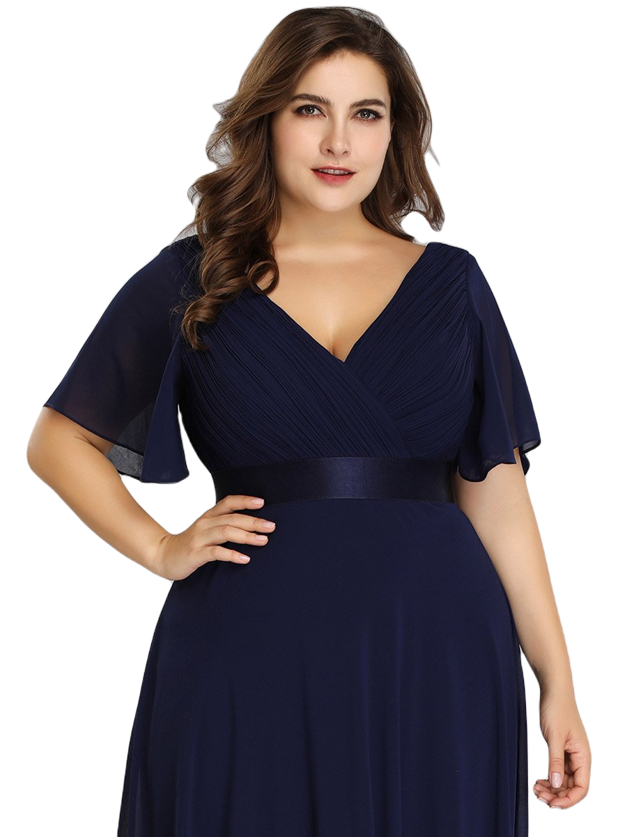 Vestido Elegante de Fiesta Largo Azul Marino para Mujer Manga Ancha Cuello V T Ch a Talla Extra	