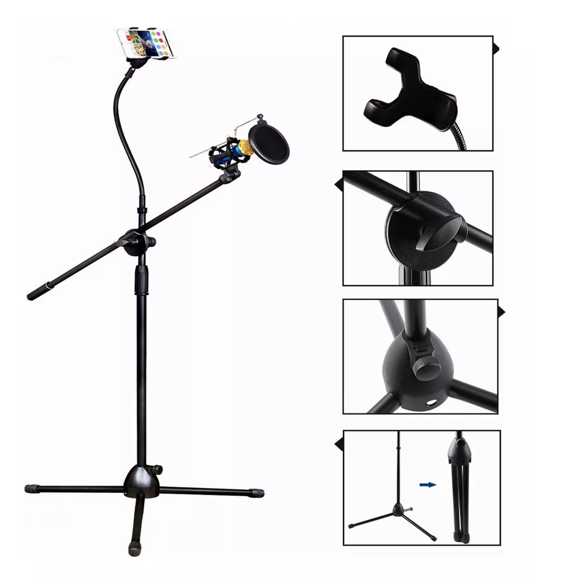 Pedestal Tripie Microfono Con Filtro Pop Soporte Celular