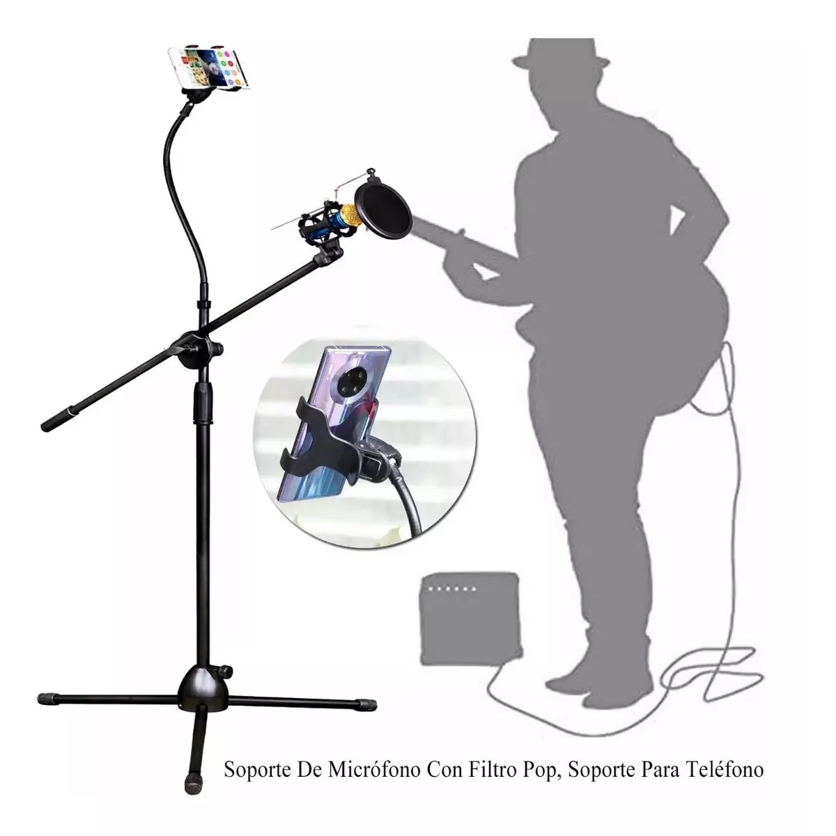 Pedestal Tripie Microfono Con Filtro Pop Soporte Celular