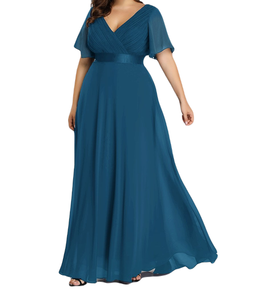 Vestido Elegante de Fiesta Largo Azul Petróleo para Mujer Manga Ancha Cuello V T Ch a Talla Extra