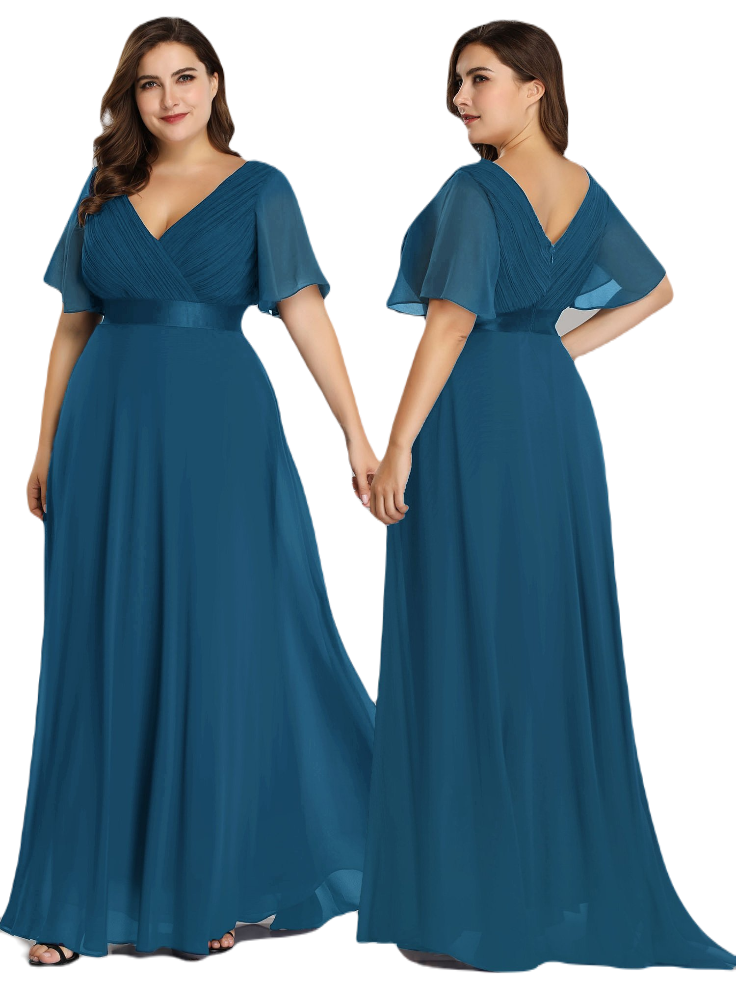 Vestido Elegante de Fiesta Largo Azul Petróleo para Mujer Manga Ancha Cuello V T Ch a Talla Extra