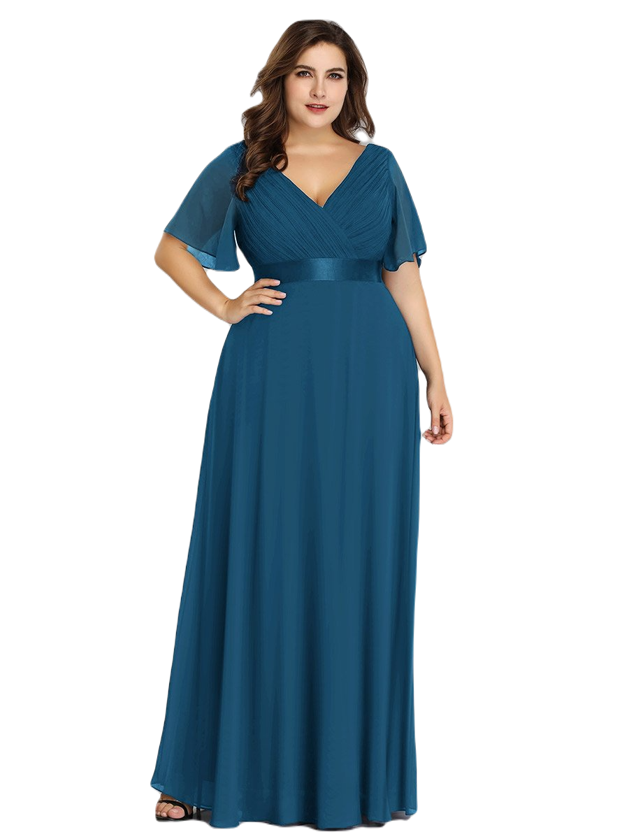 Vestido Elegante de Fiesta Largo Azul Petróleo para Mujer Manga Ancha Cuello V T Ch a Talla Extra