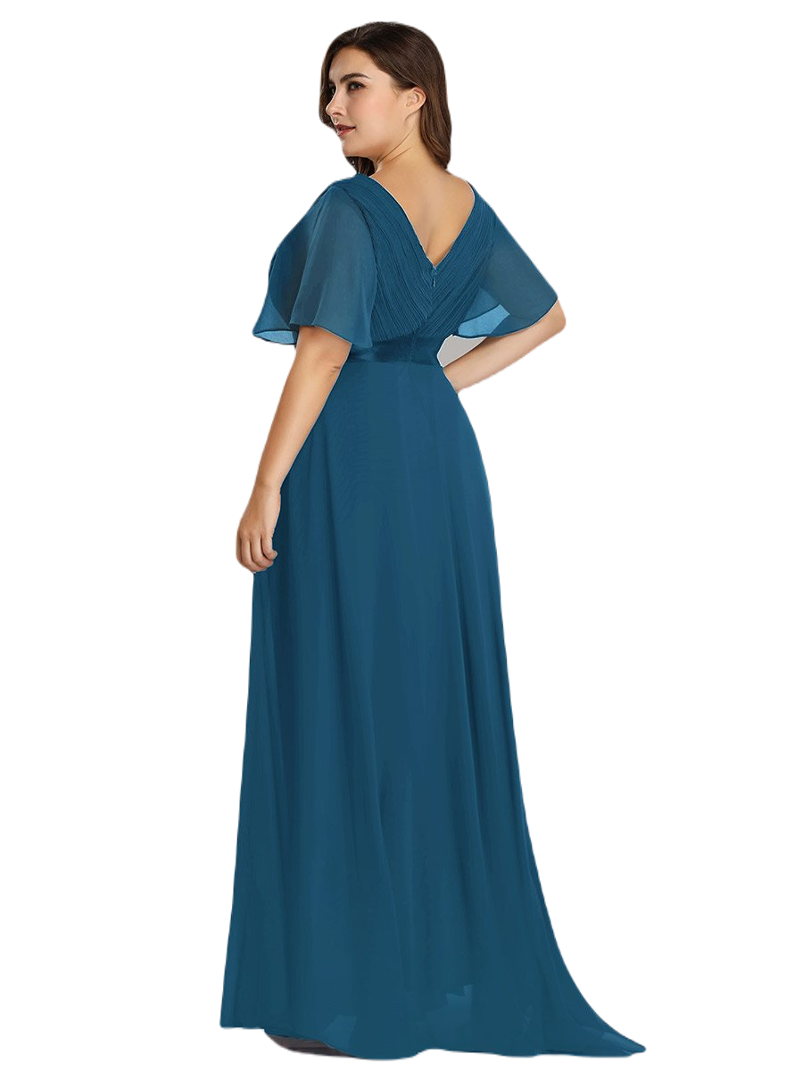 Vestido Elegante de Fiesta Largo Azul Petróleo para Mujer Manga Ancha Cuello V T Ch a Talla Extra