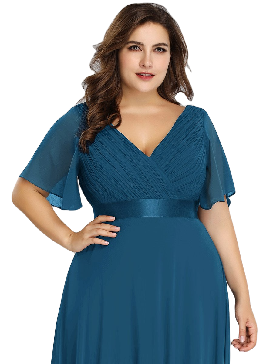 Vestido Elegante de Fiesta Largo Azul Petróleo para Mujer Manga Ancha Cuello V T Ch a Talla Extra