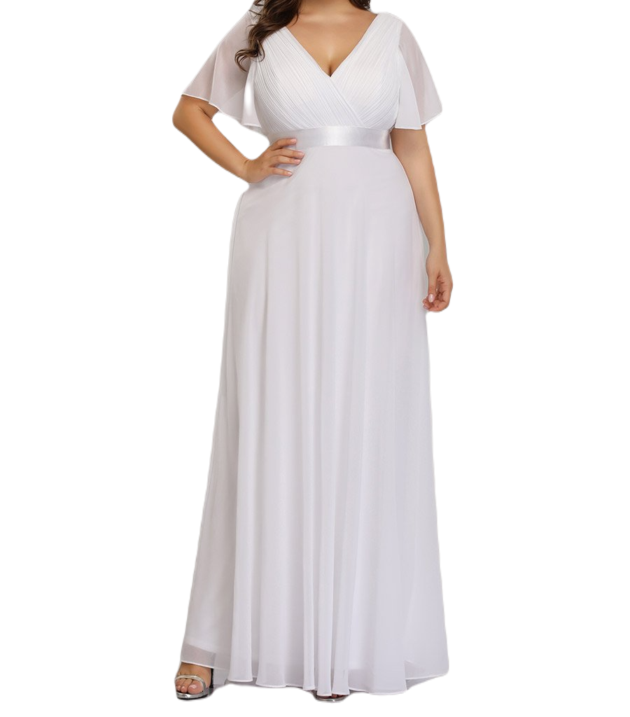 Vestido Elegante de Fiesta Largo Blanco Novia para Mujer Manga Ancha Cuello V T Ch a Talla Extra	