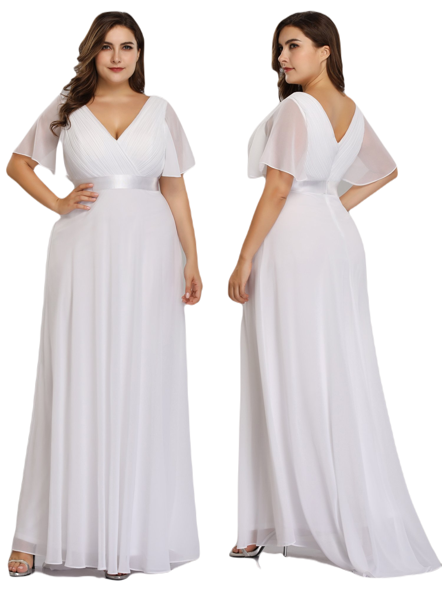 Vestido Elegante de Fiesta Largo Blanco Novia para Mujer Manga Ancha Cuello V T Ch a Talla Extra	