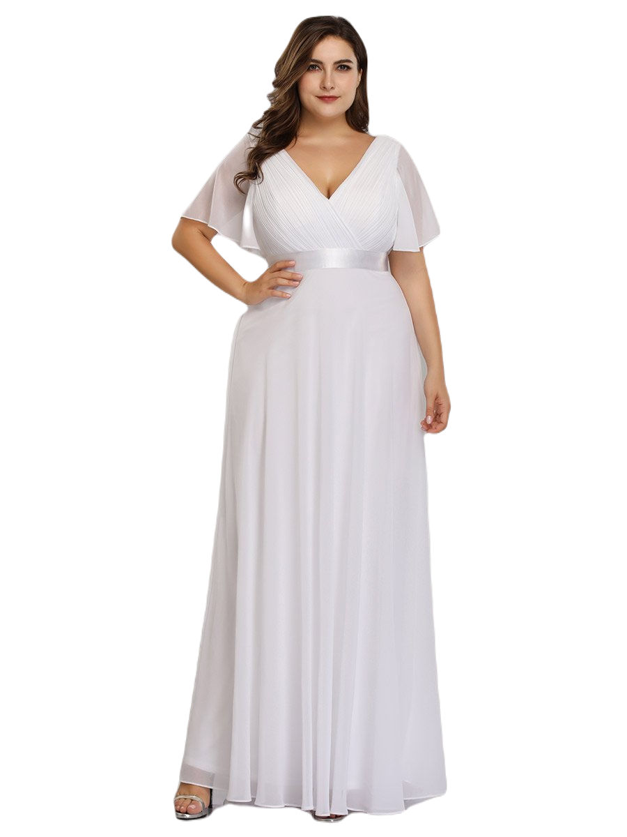 Vestido Elegante de Fiesta Largo Blanco Novia para Mujer Manga Ancha Cuello V T Ch a Talla Extra	