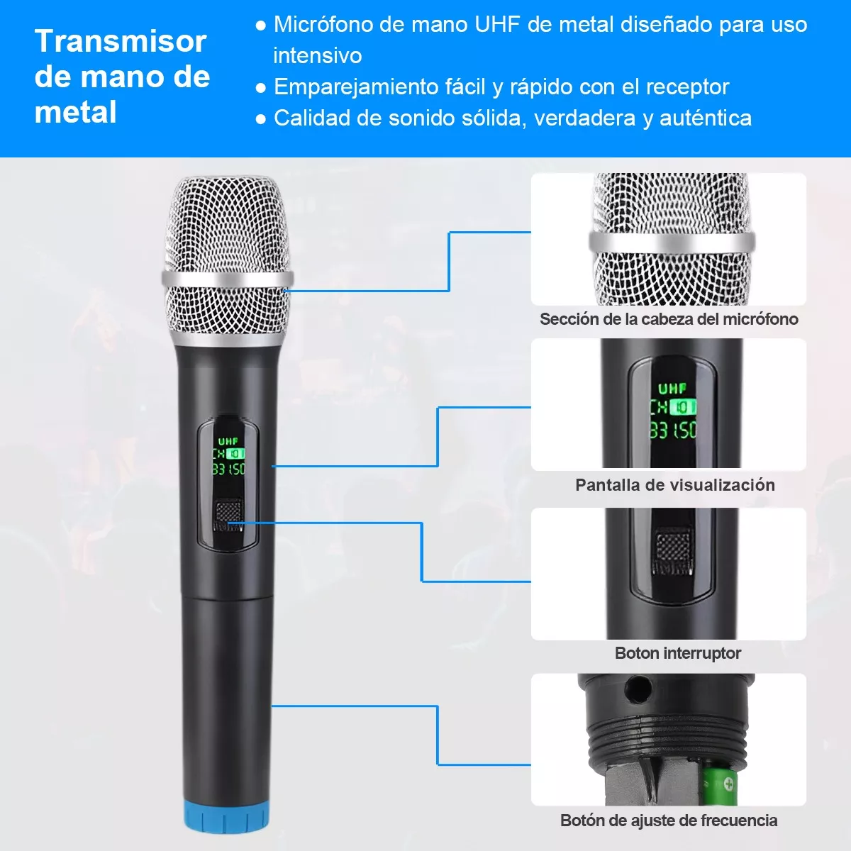 Sistema de micrófono inalámbrico, micrófono de karaoke dinámico inalámbrico  de metal profesional, micrófono de mano fácil de usar para fiestas de