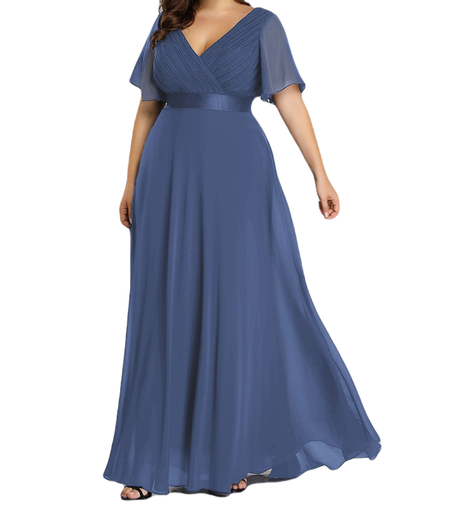 Vestido Elegante de Fiesta Largo Azul Acero para Mujer Manga Ancha Cuello V  T Ch a Talla Extra