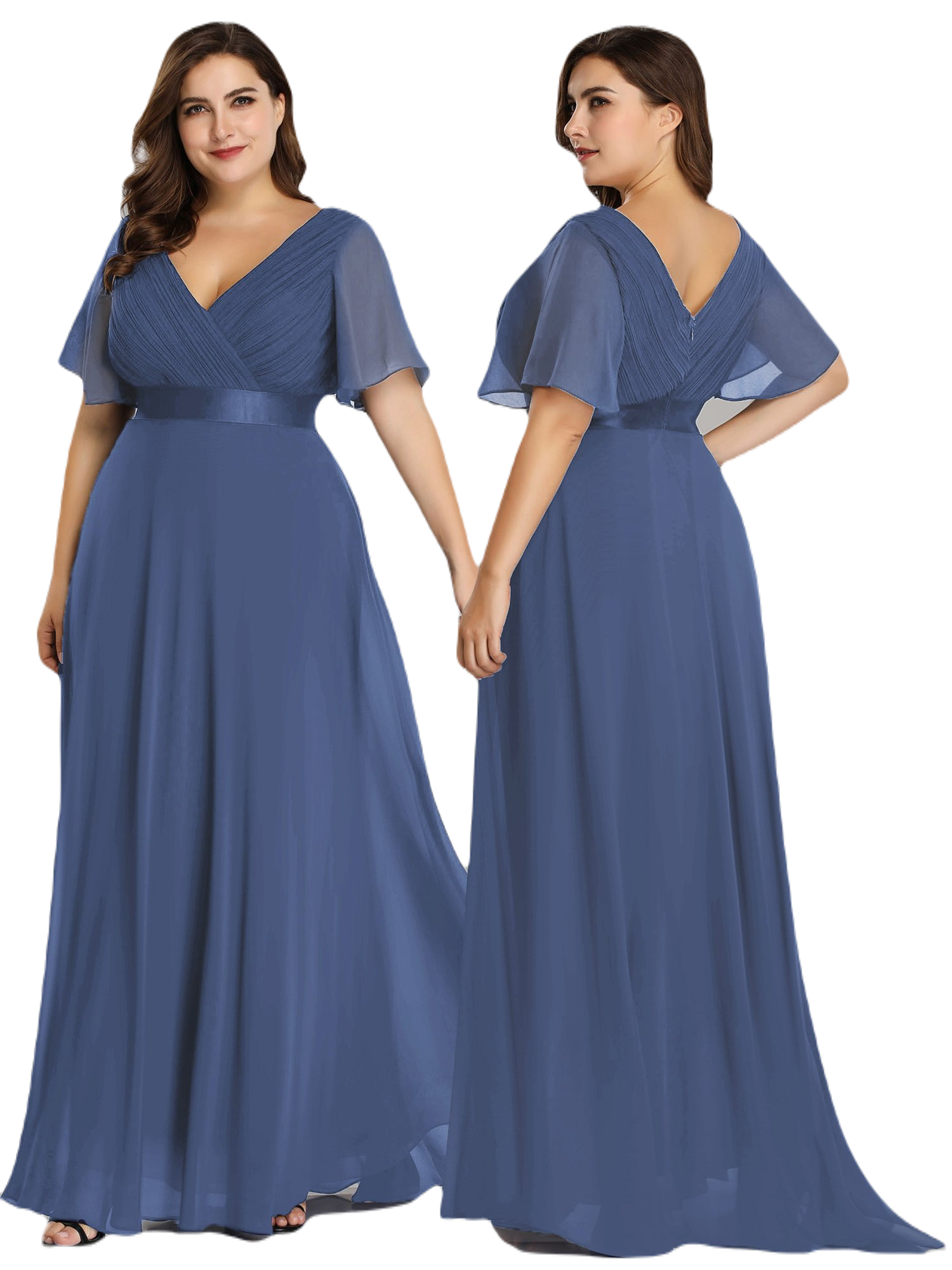 Vestido Elegante de Fiesta Largo Azul Acero para Mujer Manga Ancha Cuello V  T Ch a Talla Extra