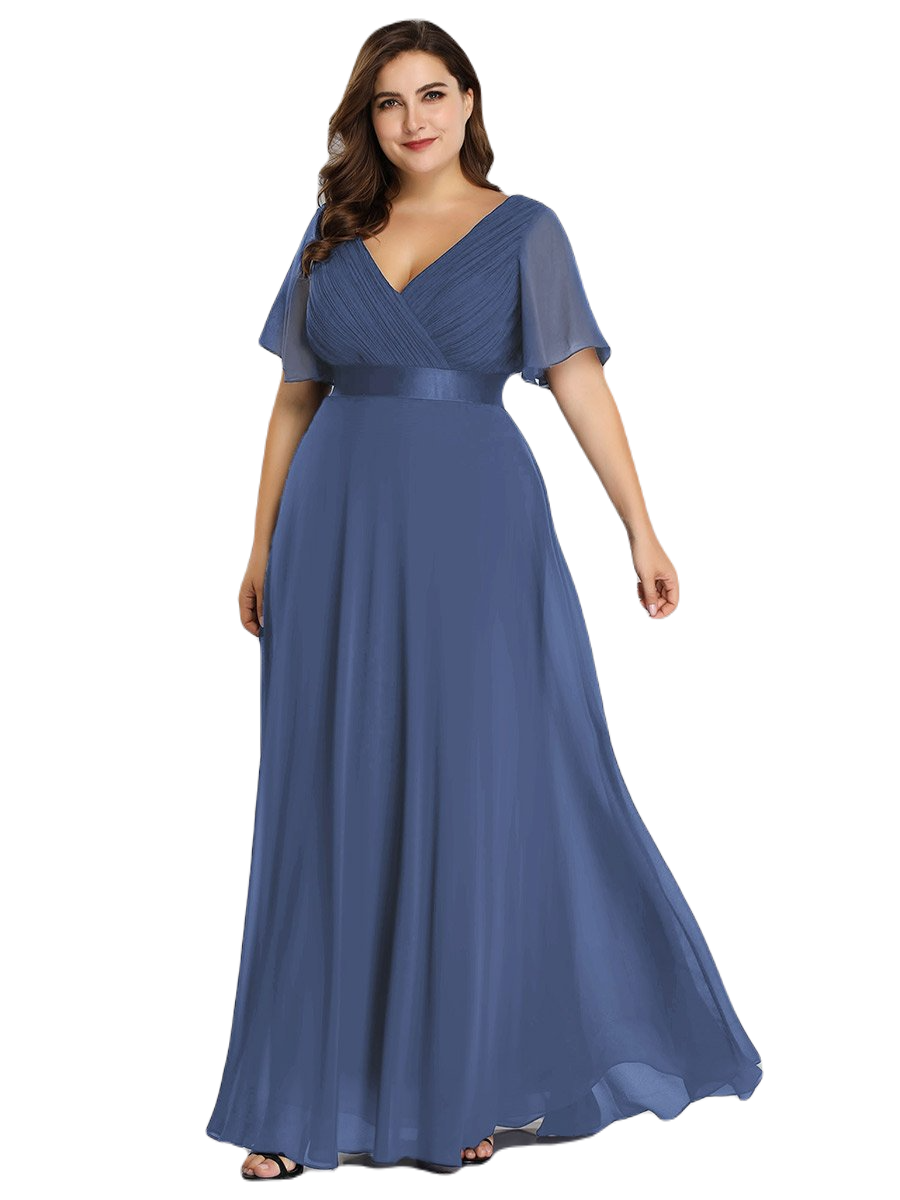 Vestido Elegante de Fiesta Largo Azul Acero para Mujer Manga Ancha Cuello V  T Ch a Talla Extra