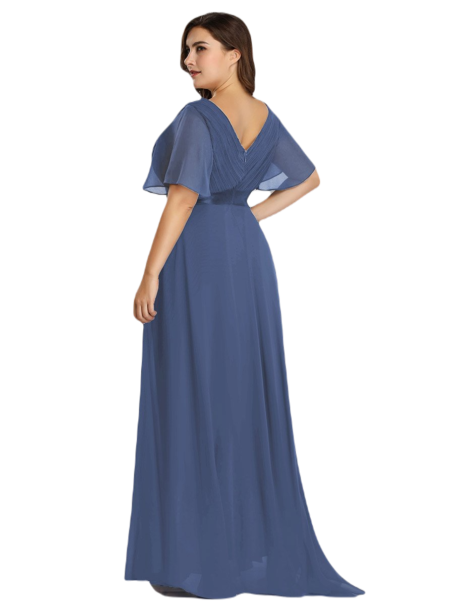 Vestido Elegante de Fiesta Largo Azul Acero para Mujer Manga Ancha Cuello V  T Ch a Talla Extra