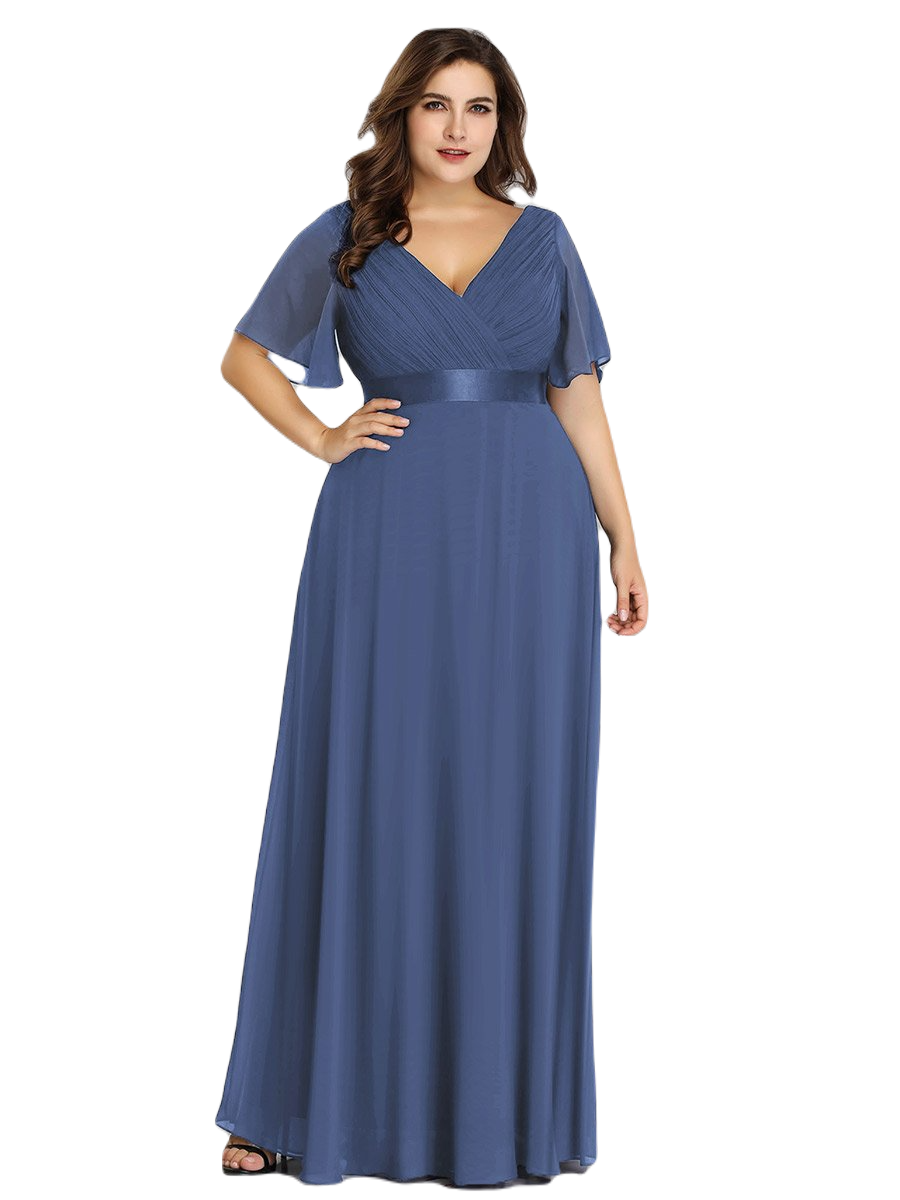 Vestido Elegante de Fiesta Largo Azul Acero para Mujer Manga Ancha Cuello V  T Ch a Talla Extra