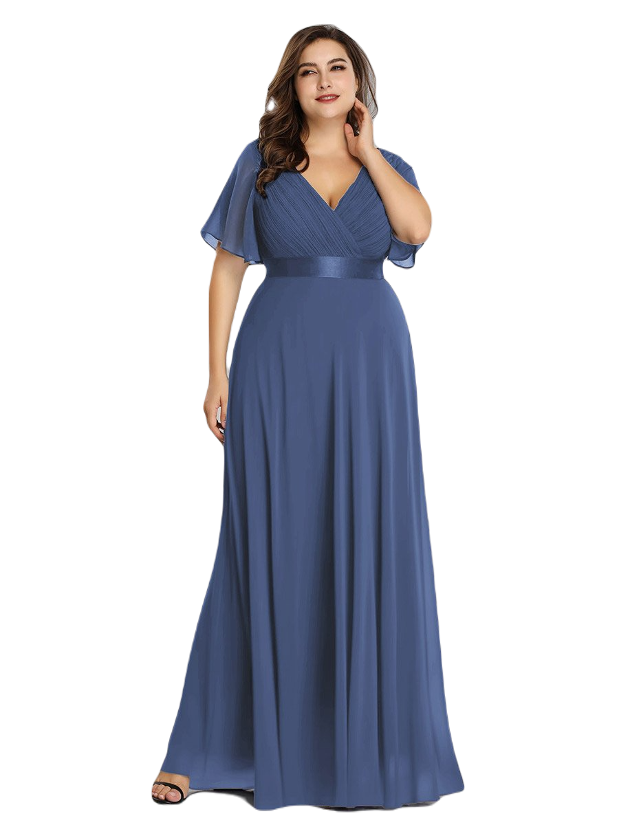 Vestido Elegante de Fiesta Largo Azul Acero para Mujer Manga Ancha Cuello V  T Ch a Talla Extra