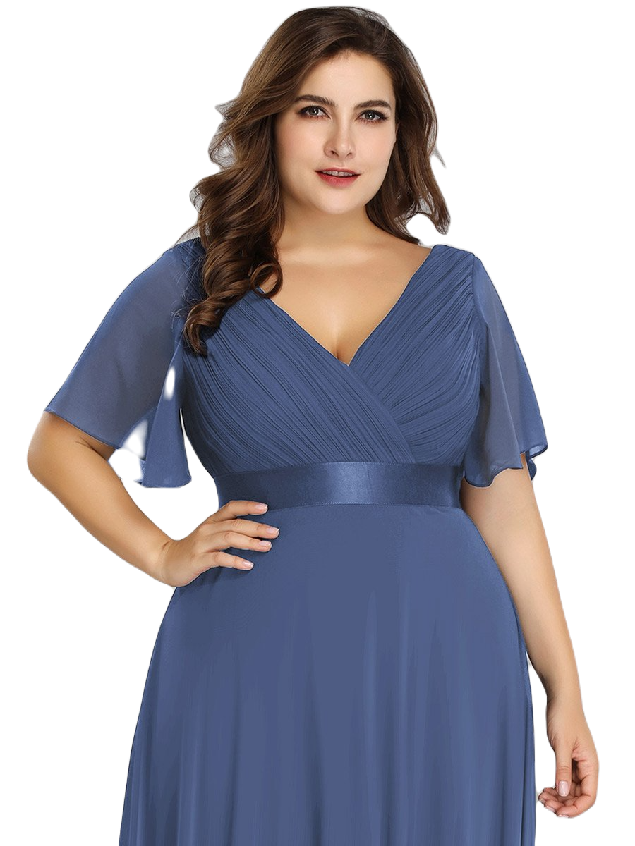Vestido Elegante de Fiesta Largo Azul Acero para Mujer Manga Ancha Cuello V  T Ch a Talla Extra