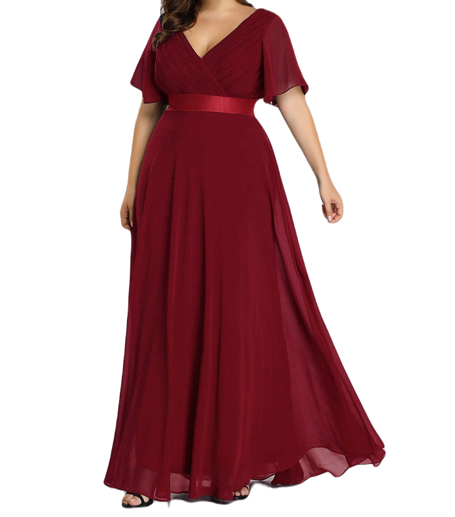 Vestido Elegante de Fiesta Largo Guinda Vino para Mujer Manga Ancha Cuello V T Ch a Talla Extra