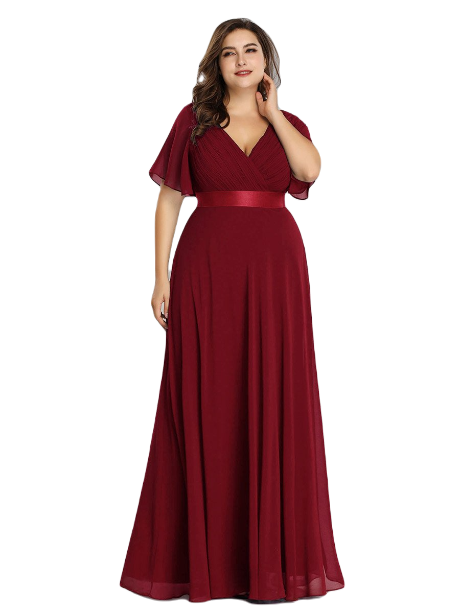 Vestido Elegante de Fiesta Largo Guinda Vino para Mujer Manga Ancha Cuello V T Ch a Talla Extra