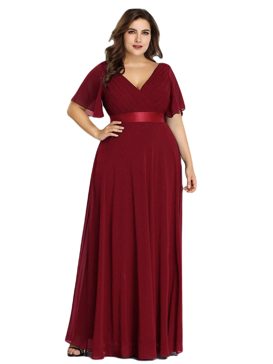 Vestido Elegante de Fiesta Largo Guinda Vino para Mujer Manga Ancha Cuello V T Ch a Talla Extra