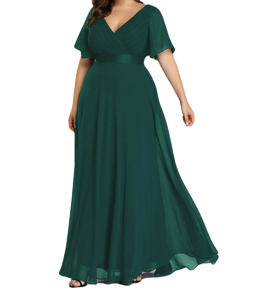 Vestido Elegante de Fiesta Largo Verde Esmeralda para Mujer Manga Ancha Cuello V T Ch a Talla Extra