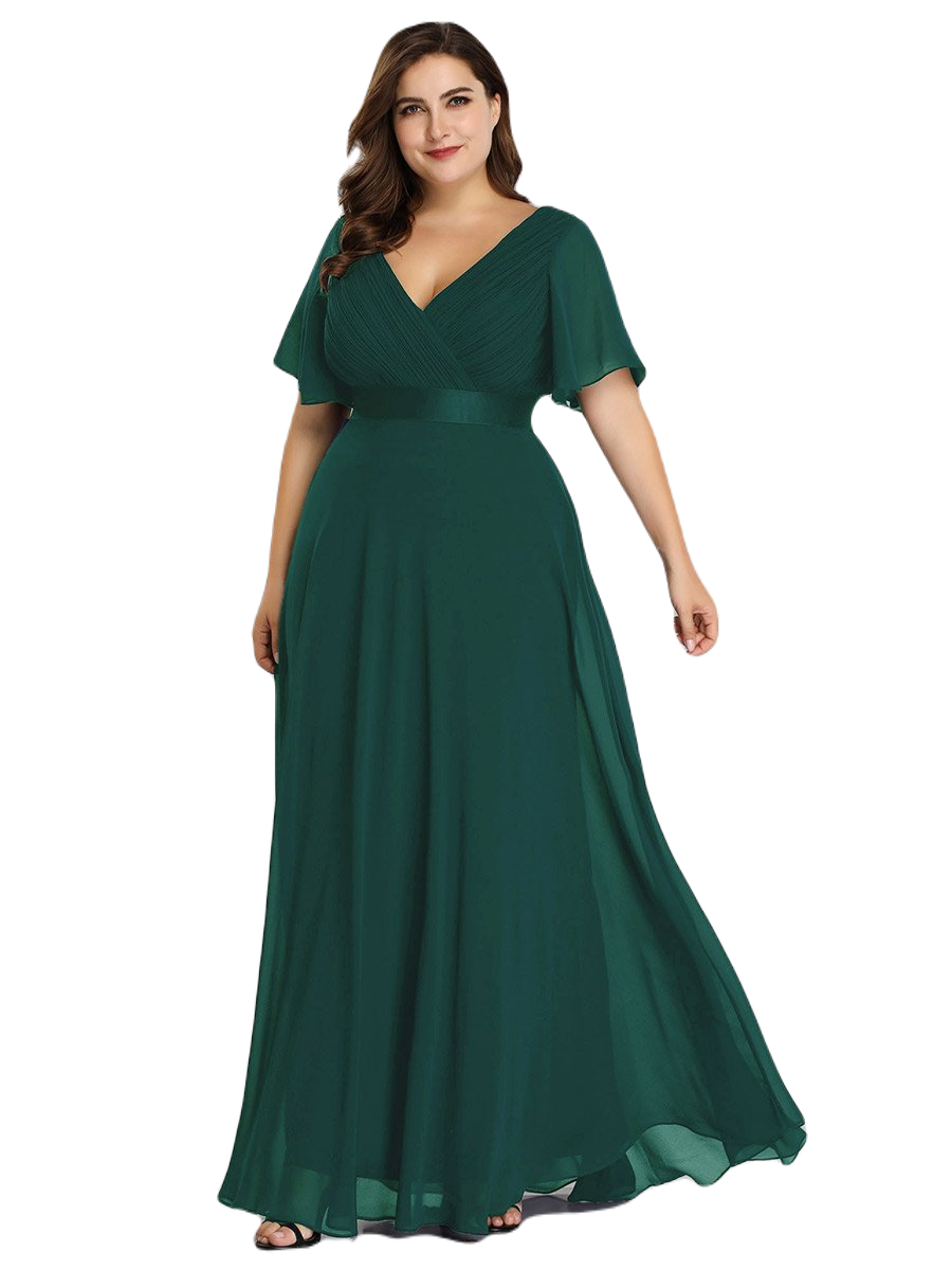 Vestido Elegante de Fiesta Largo Verde Esmeralda para Mujer Manga Ancha Cuello V T Ch a Talla Extra