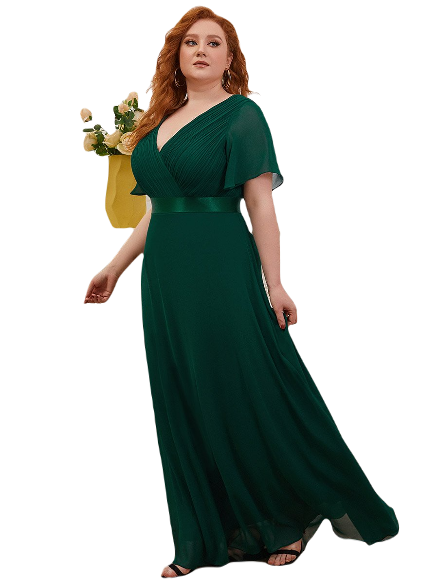 Vestido Elegante de Fiesta Largo Verde Esmeralda para Mujer Manga Ancha Cuello V T Ch a Talla Extra