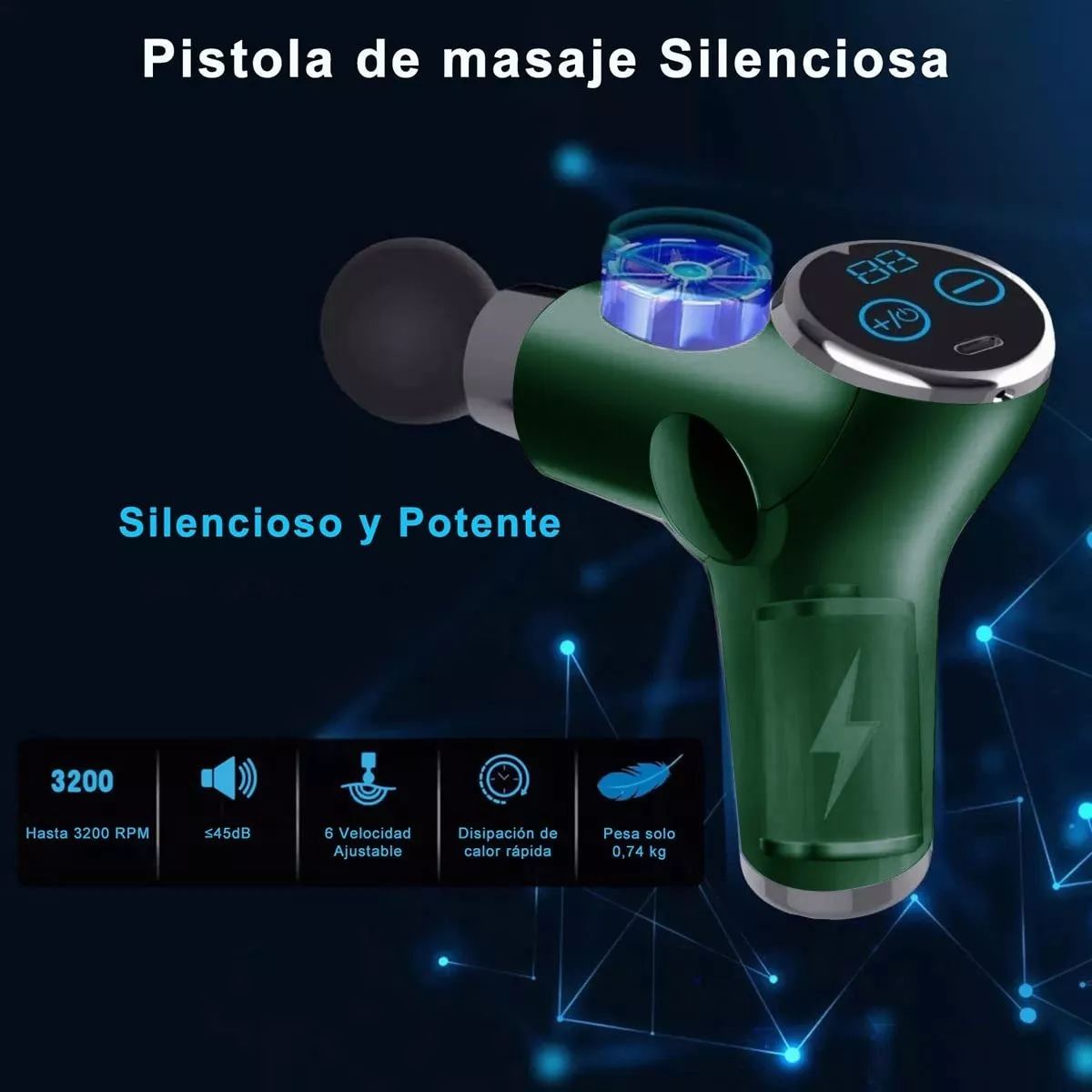 Pistola De Masaje Muscular Mini 32 Niveles Ajustable 8 Cabez
