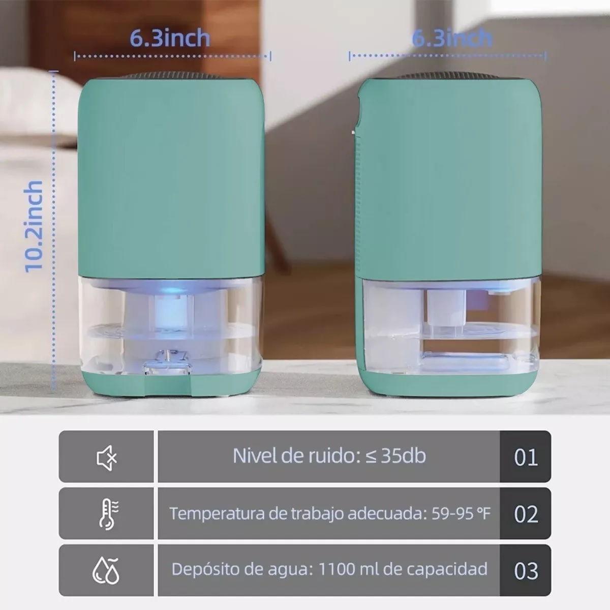 Deshumidificador Eléctrico Portátil Azul Con Luces Led