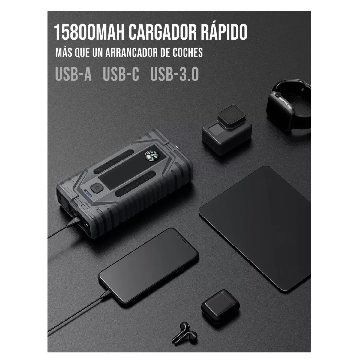 Arrancador De Batería Para Coche 1500 A, 15800 Mah Negro