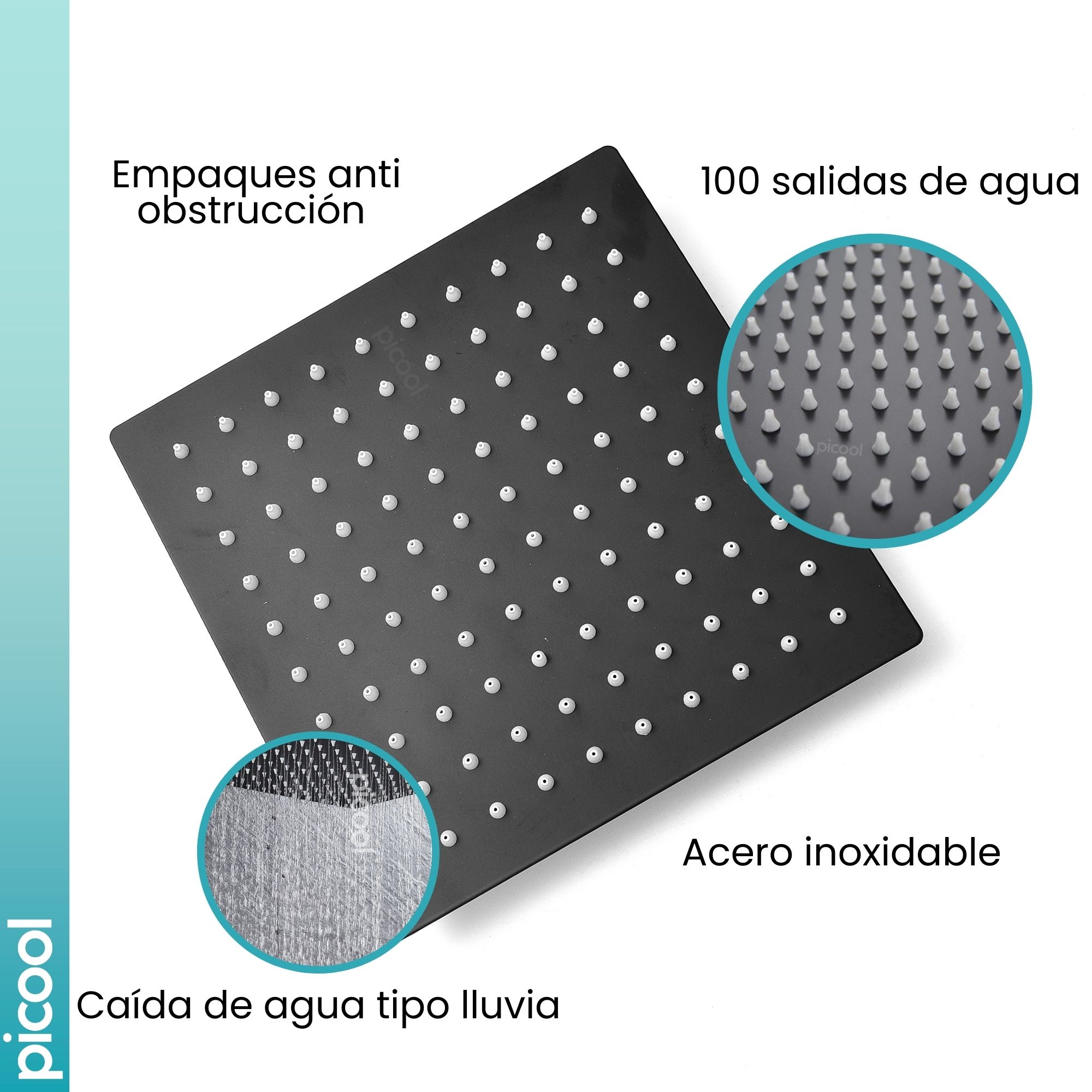 Regadera Cuadrada Negra Y Tubo Tipo Lluvia Reforzada Acero