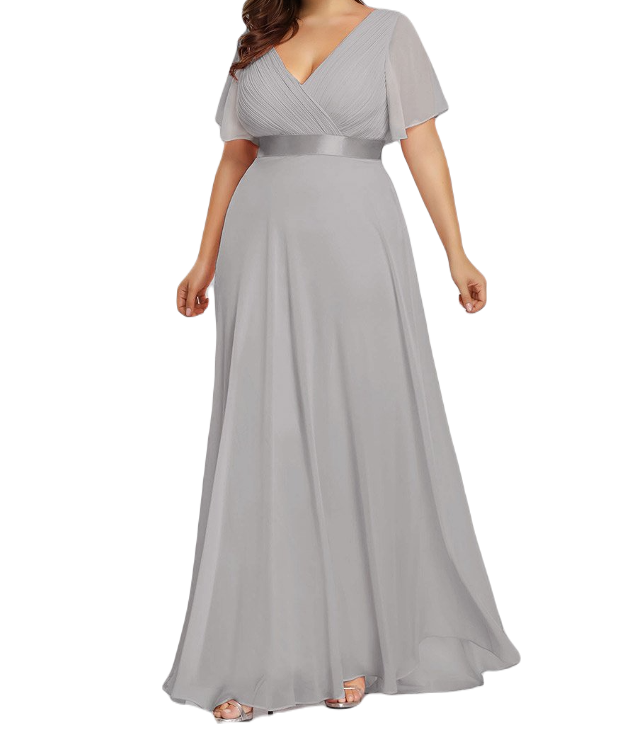 Vestido Elegante de Fiesta Largo Gris para Mujer Manga Ancha Cuello V  T Ch a Talla Extra