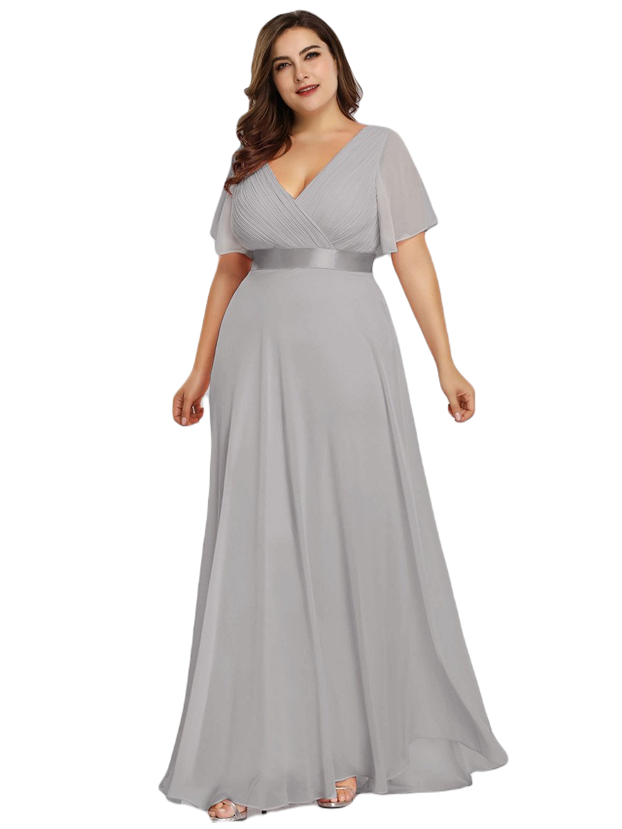 Vestido Elegante de Fiesta Largo Gris para Mujer Manga Ancha Cuello V  T Ch a Talla Extra