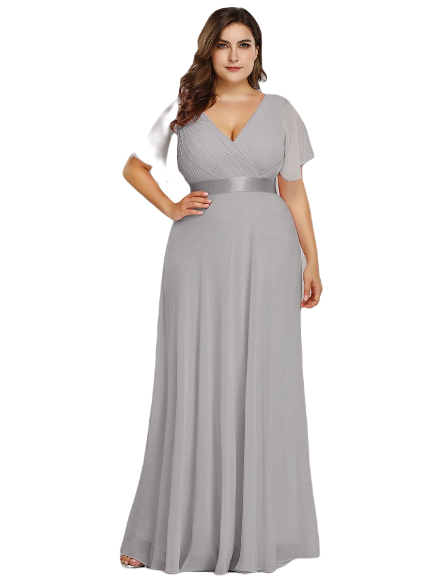 Vestido Elegante de Fiesta Largo Gris para Mujer Manga Ancha Cuello V  T Ch a Talla Extra