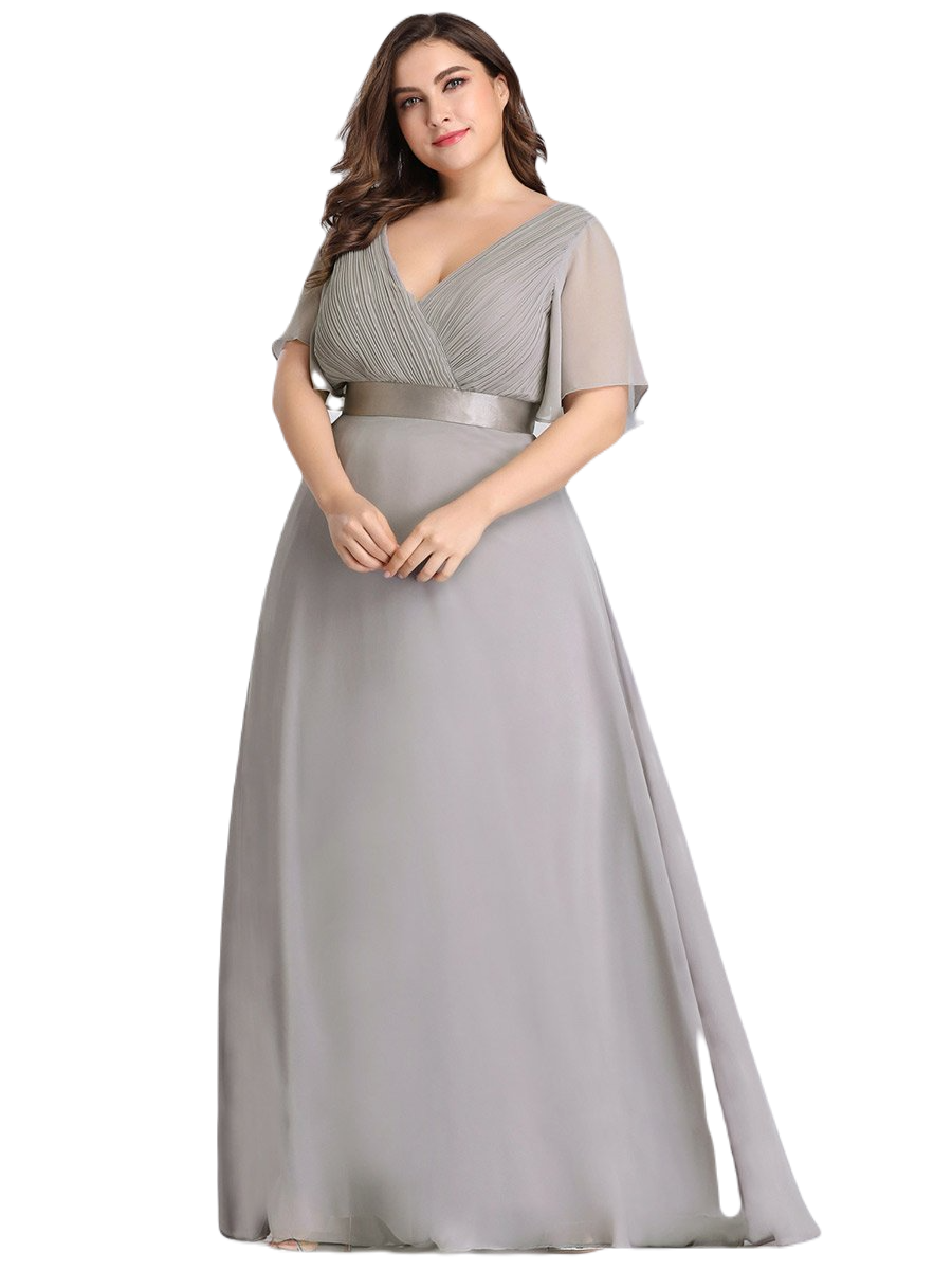 Vestido Elegante de Fiesta Largo Gris para Mujer Manga Ancha Cuello V  T Ch a Talla Extra