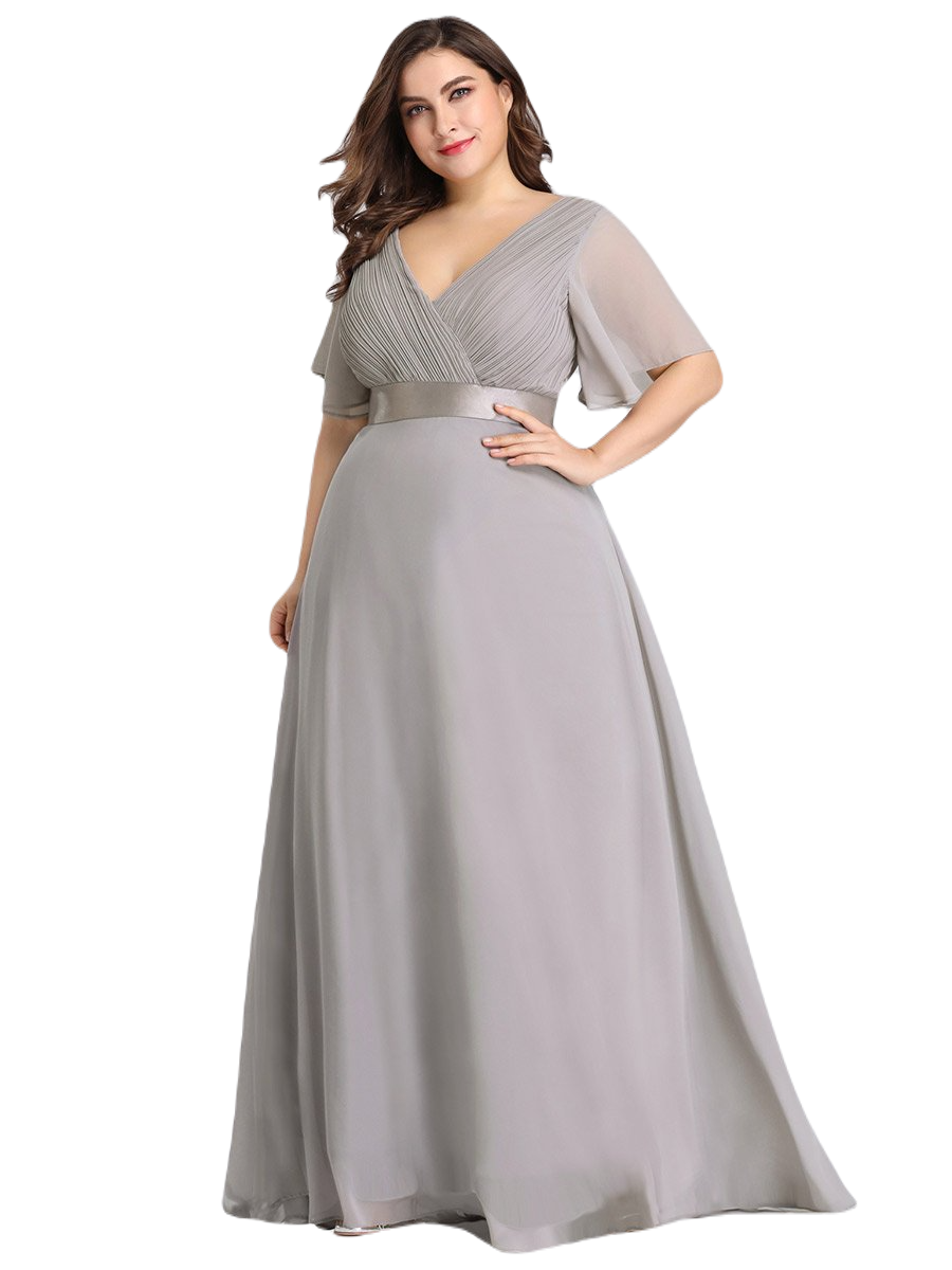 Vestido Elegante de Fiesta Largo Gris para Mujer Manga Ancha Cuello V  T Ch a Talla Extra