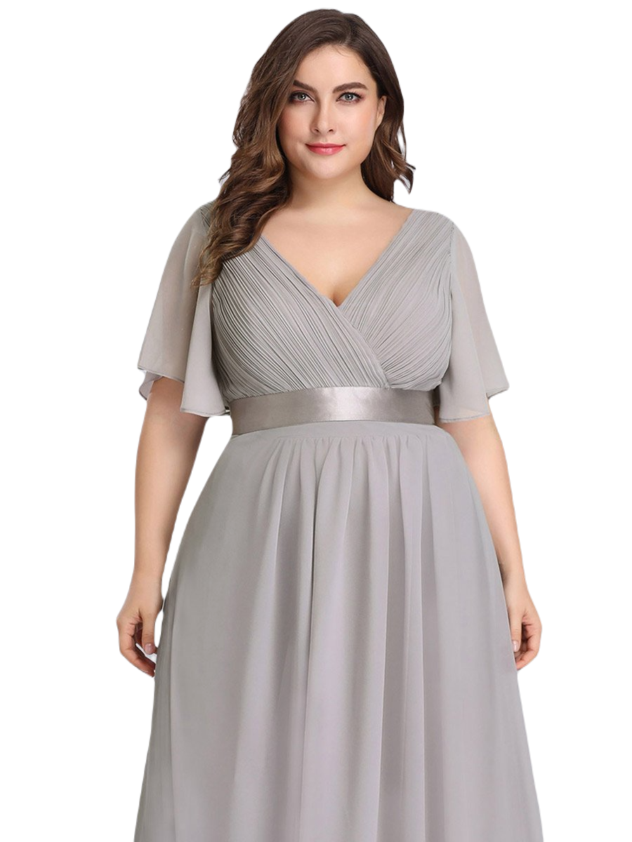 Vestido Elegante de Fiesta Largo Gris para Mujer Manga Ancha Cuello V  T Ch a Talla Extra