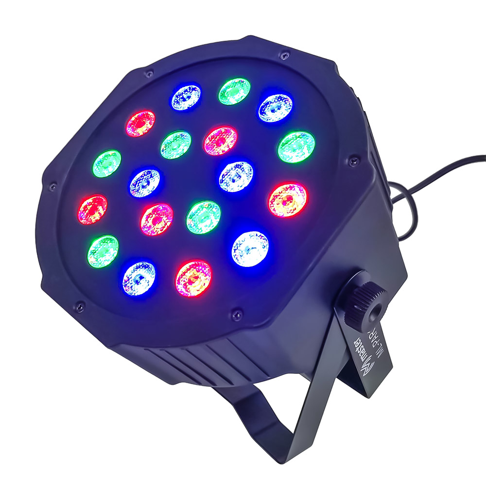 Cañon Led Reflector de Alta Potencia Audioritmico con 18 Leds Super Brillantes de Alta Potencia en tonos Rojo Verde y Azul Portatil y Muy Resistente Master ML-PAR18