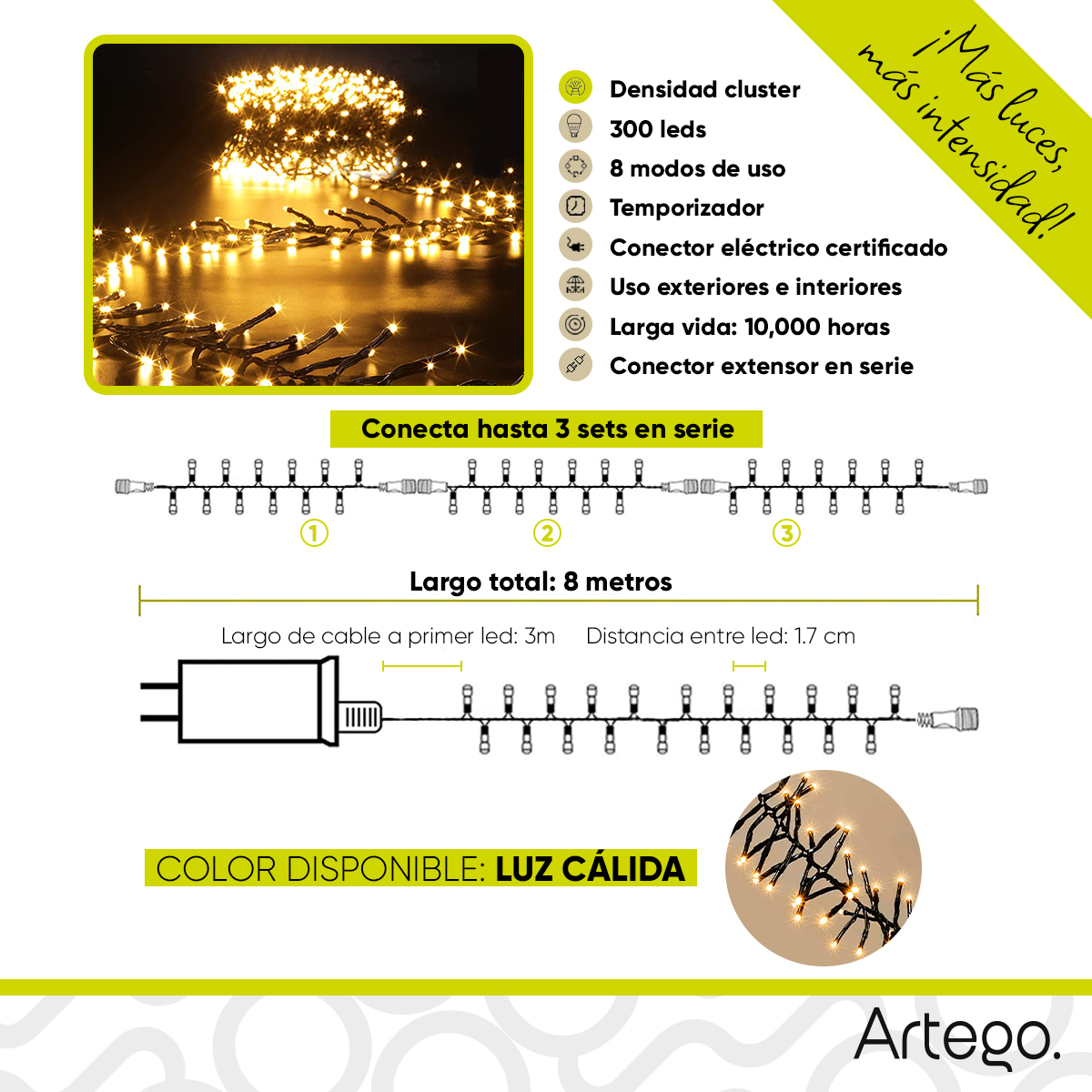 Luces de navidad serie 300 led CLUSTER alta densidad Artego uso interior exterior con temporizador Decoración luces Navideñas eventos bodas LED christmas