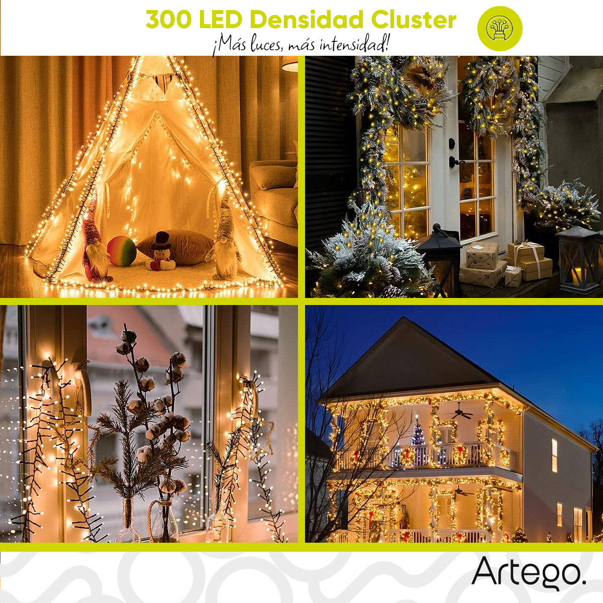 Luces de navidad serie 300 led CLUSTER alta densidad Artego uso interior exterior con temporizador Decoración luces Navideñas eventos bodas LED christmas