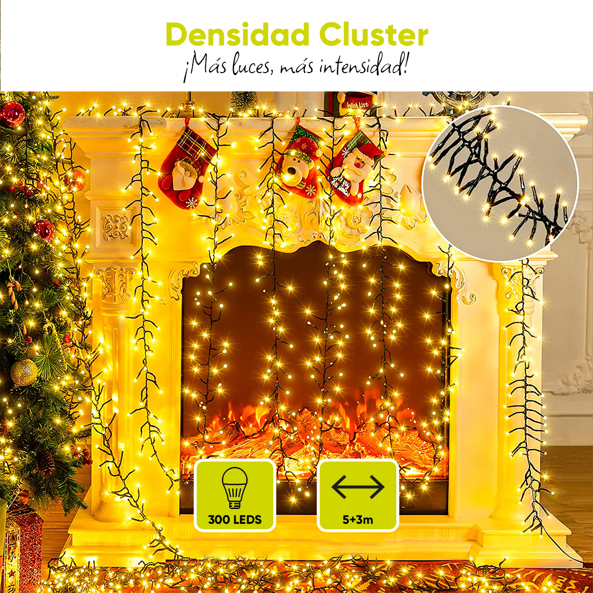 Luces de navidad serie 300 led CLUSTER alta densidad Artego uso interior exterior con temporizador Decoración luces Navideñas eventos bodas LED christmas