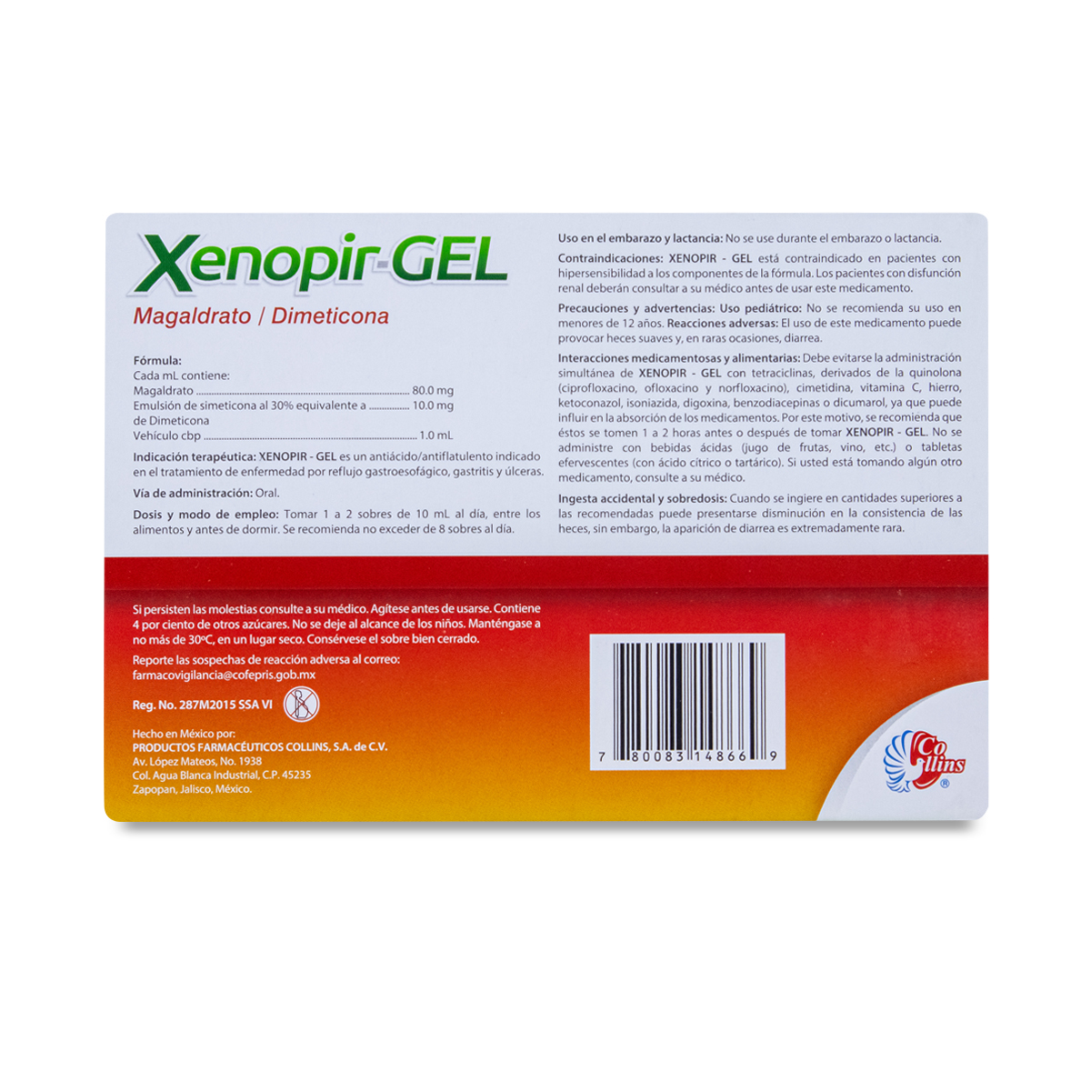 XENOPIR GEL MAGALDRATO - DIMETICONA, CAJA CON 10 SOBRES DE 10 ML, COLLINS