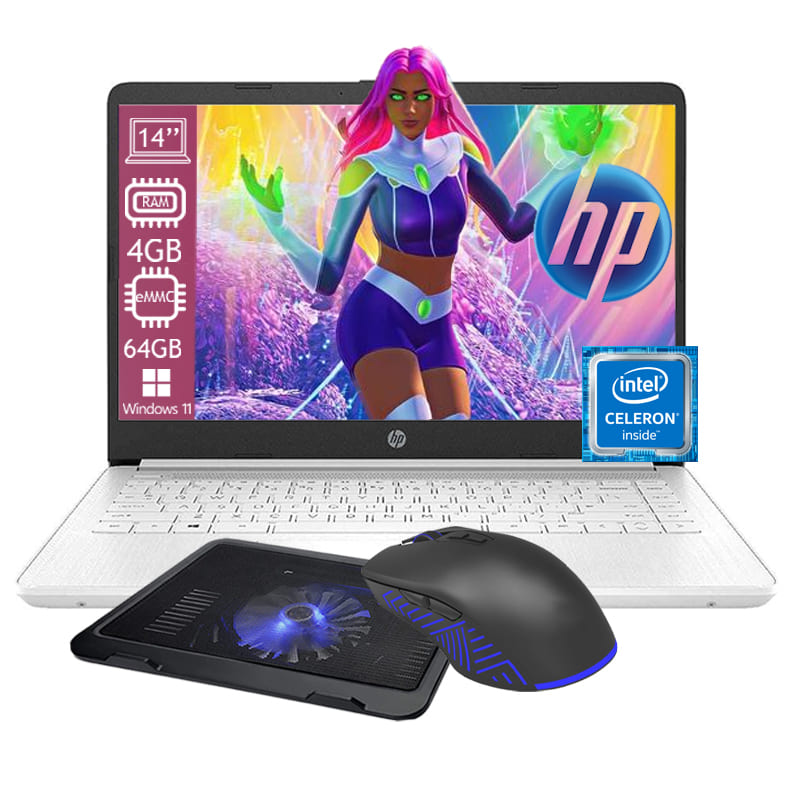 Laptop HP 14-DQ0052DX Intel Celeron Ram 4GB Disco Emmc 64GB Windows 11 - Blanco + Mouse + Base Enfriadora