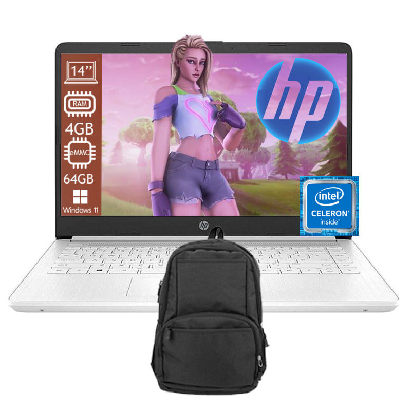 Laptop HP 14-DQ0052DX Intel Celeron Ram 4GB Disco Emmc 64GB Windows 11 - Blanco + Mochila