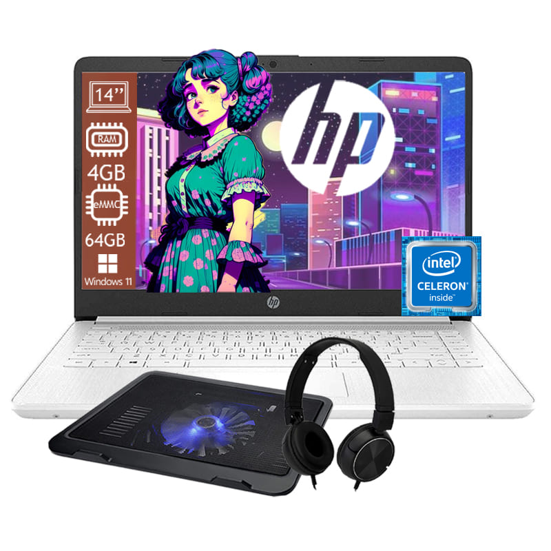 Laptop HP 14-DQ0052DX Intel Celeron Ram 4GB Disco Emmc 64GB Windows 11 - Blanco + Audifono + Base Enfriadora