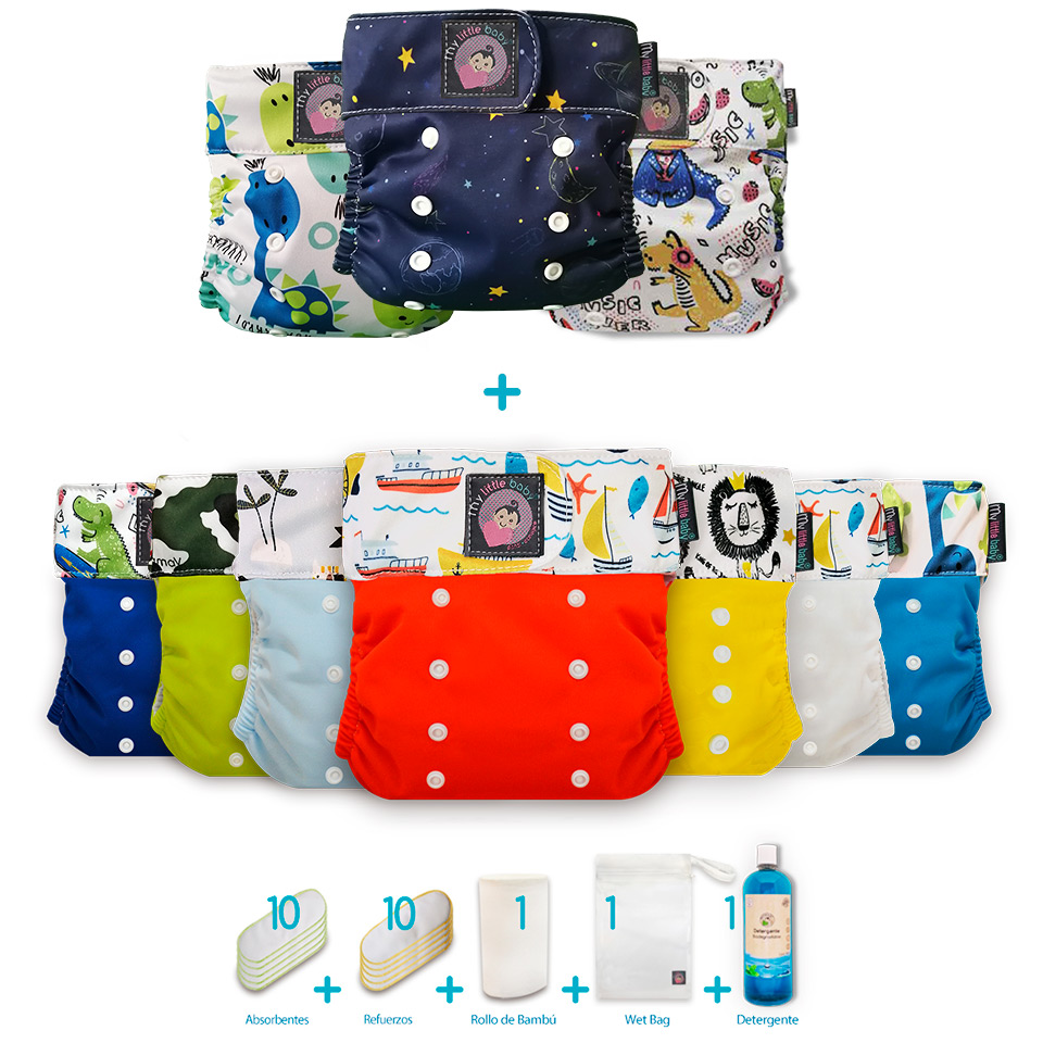 Pack 10 pañal ecológico 5G niño + detergente + rollo + wetbag