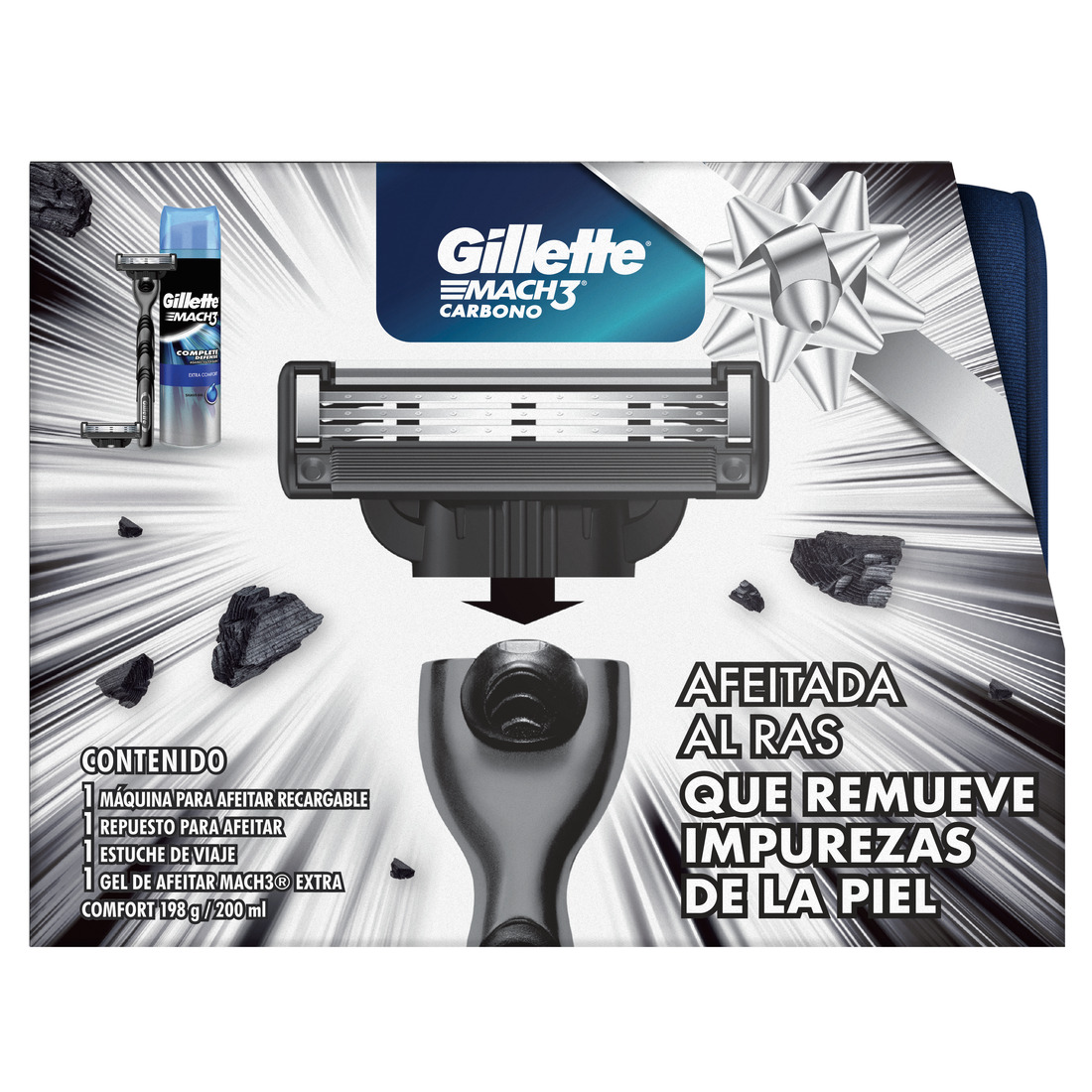Pack Rastrillo Gillette Mach3 Carbono + Repuesto con Carbón Activado y Gel para Afeitar de 200 mL